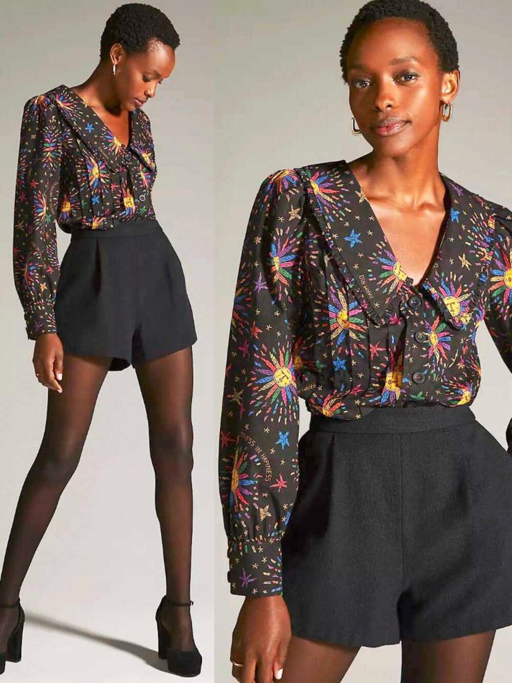 Farm Rio Womens Rainbow Suns Blouse Shirt Top Black Dress in Happiness S NWT